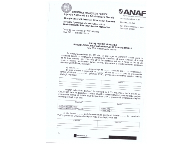 A.N.A.F.  - ANUNT - Vanzare bunuri imobile