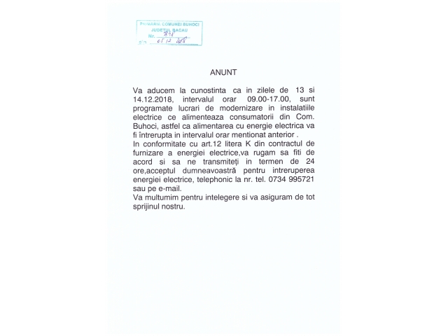 Anunt intrerupere furnizare energie electrică - DelGaz Grid