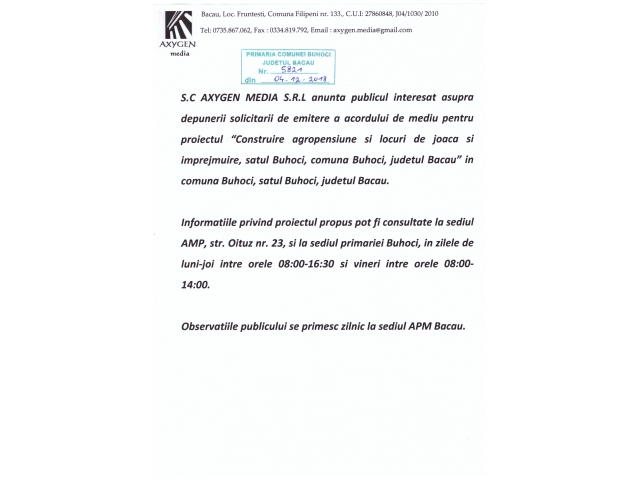 Anunt public - Solicitare emitere acord mediu