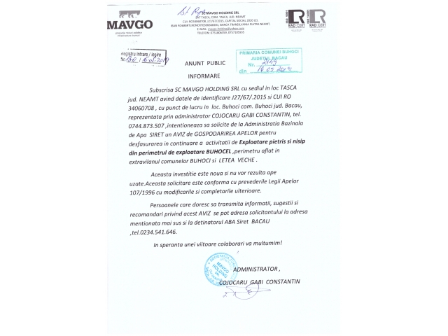 Anunt public - SC MAVGO HOLDING SRL