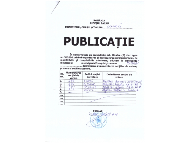 Publicatie privind Delimitarea si Numerotarea Sectiilor de Votare - Comuna Buhoci - Referendum 2018